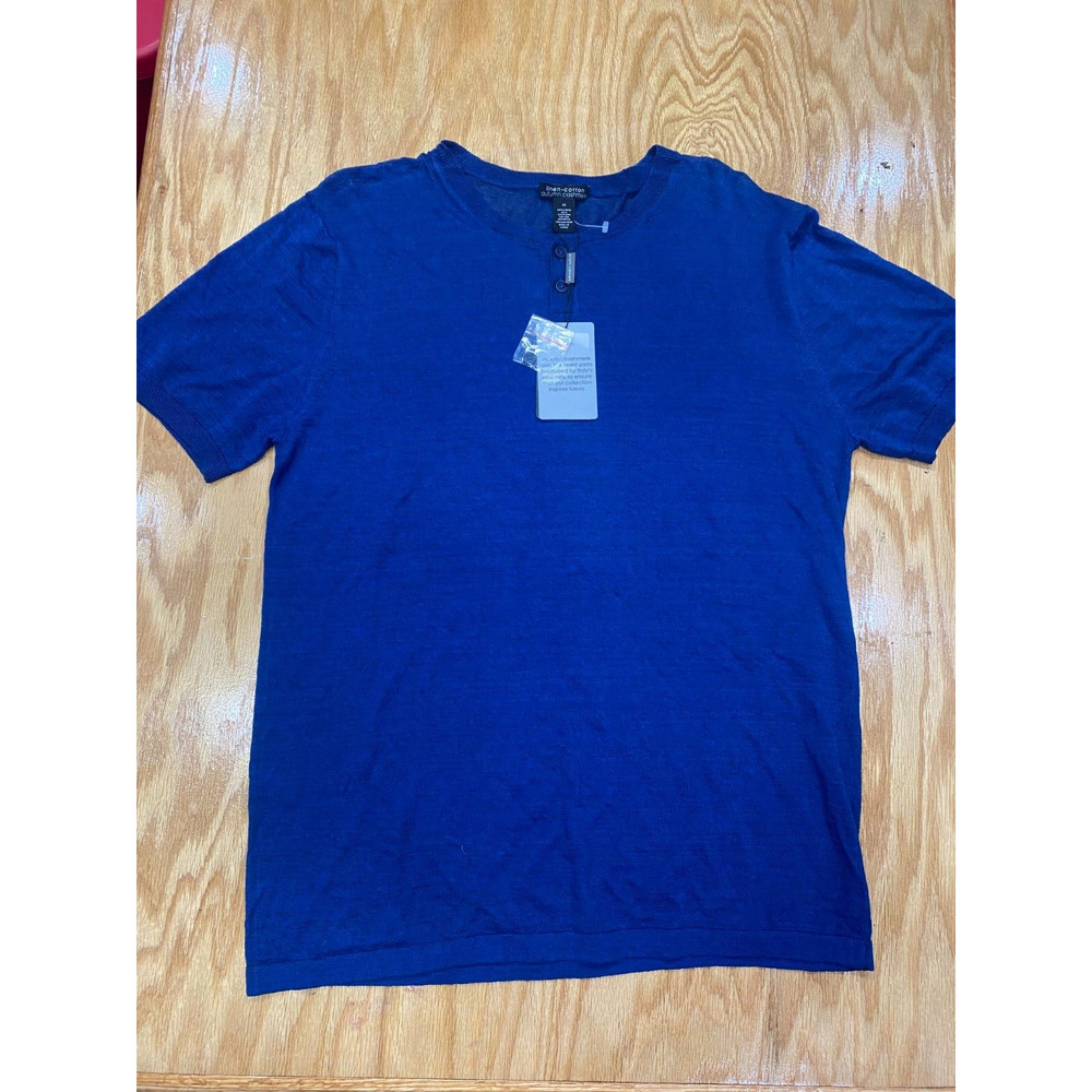 Autumn Cashmere T-Shirt Mens Medium Blue Short Seeve Henley Neck Linen Blend B55